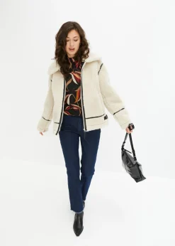 bonprix bonprix Chaqueta de borrego sintético Crema-negro Outlet