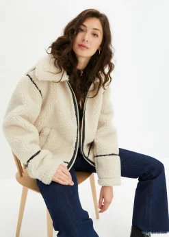 bonprix bonprix Chaqueta de borrego sintético Crema-negro Outlet