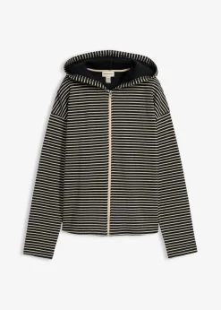 bonprix bonprix Chaqueta de chándal a rayas de mezcla de algodón negro-arena claro con rayas