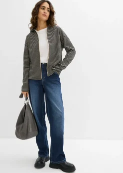 bonprix bonprix Chaqueta de chándal a rayas de mezcla de algodón negro-arena claro con rayas