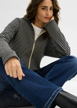 bonprix bonprix Chaqueta de chándal a rayas de mezcla de algodón negro-arena claro con rayas