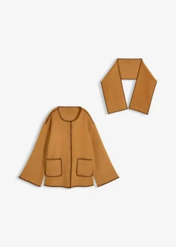 bonprix bonprix Chaqueta de lana con bordado decorativo (conjunto de 2 piezas con bufanda) Avellana Clearance
