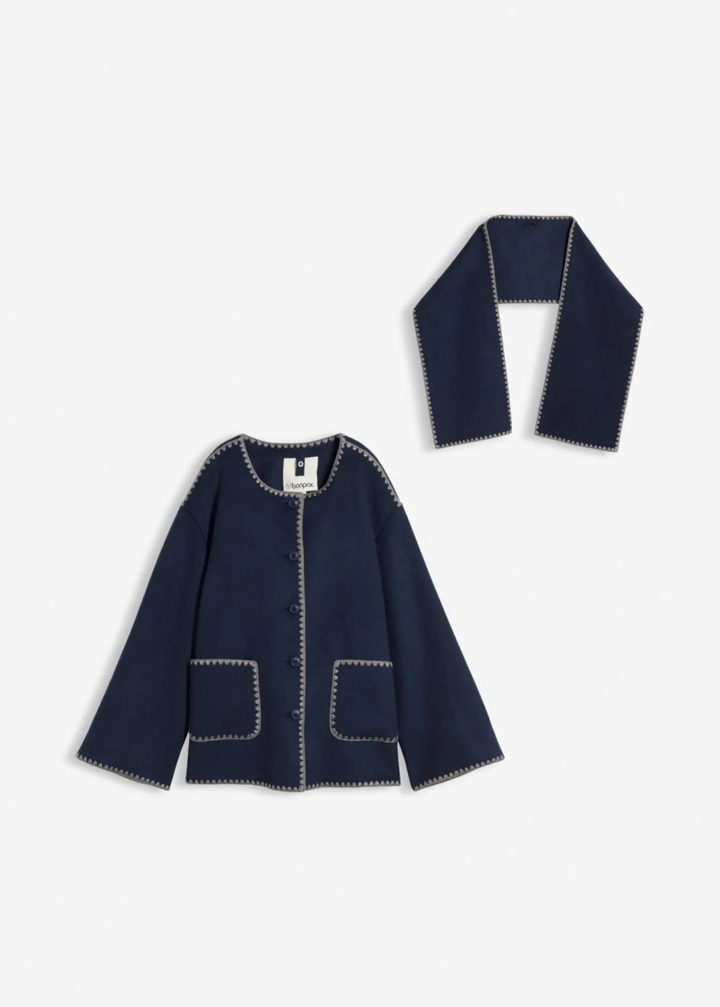 bonprix bonprix Chaqueta de lana con bordado decorativo (conjunto de 2 piezas con bufanda) Azul marino