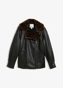 bonprix bonprix Chaqueta de piel sintética con pelo sintético de leopardo Negro Outlet