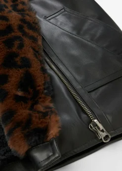 bonprix bonprix Chaqueta de piel sintética con pelo sintético de leopardo Negro Outlet