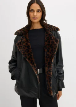 bonprix bonprix Chaqueta de piel sintética con pelo sintético de leopardo Negro Outlet