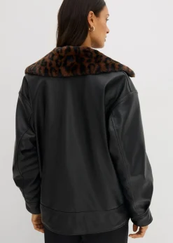 bonprix bonprix Chaqueta de piel sintética con pelo sintético de leopardo Negro Outlet