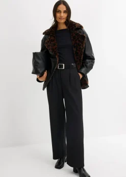 bonprix bonprix Chaqueta de piel sintética con pelo sintético de leopardo Negro Outlet