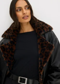 bonprix bonprix Chaqueta de piel sintética con pelo sintético de leopardo Negro Outlet
