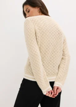 bonprix bonprix Chaqueta de punto ajour con hilo suave Arena claro-blanco lana New