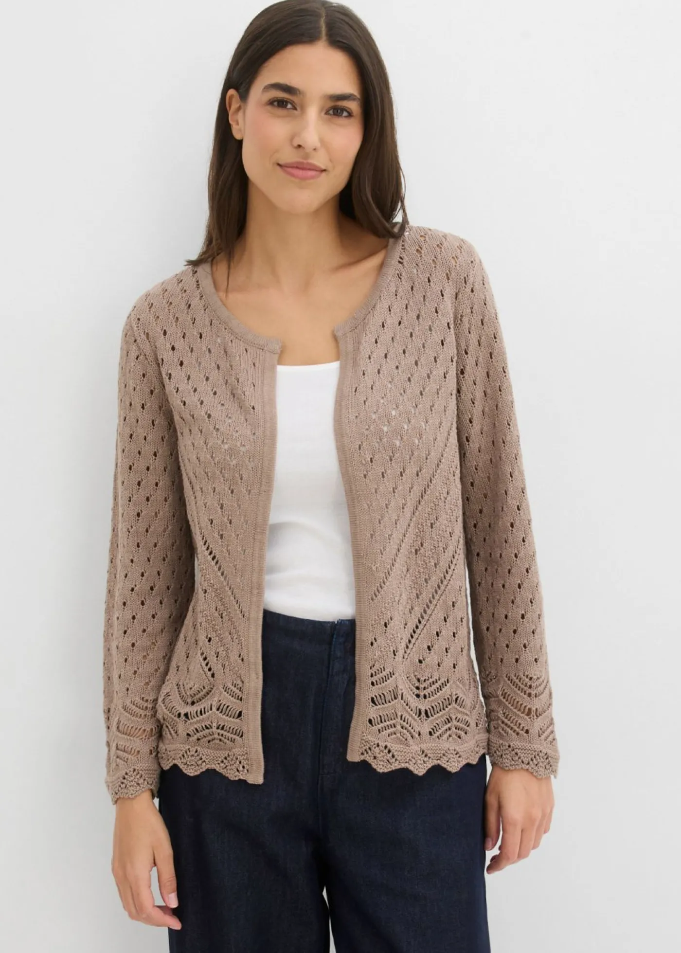 bonprix bonprix Chaqueta de punto ajour de algodón puro Marrón grisáceo Online