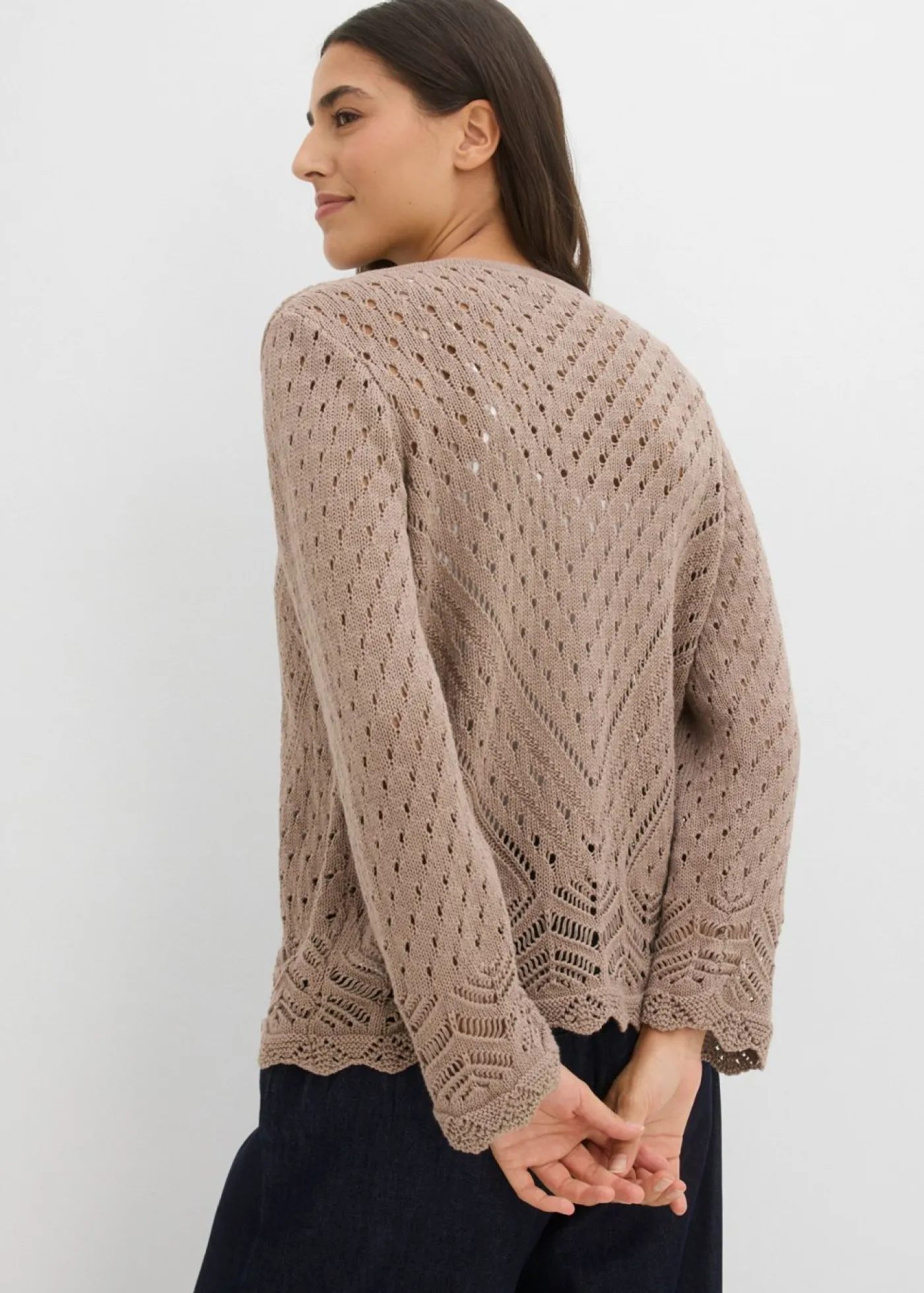 bonprix bonprix Chaqueta de punto ajour de algodón puro Marrón grisáceo Online