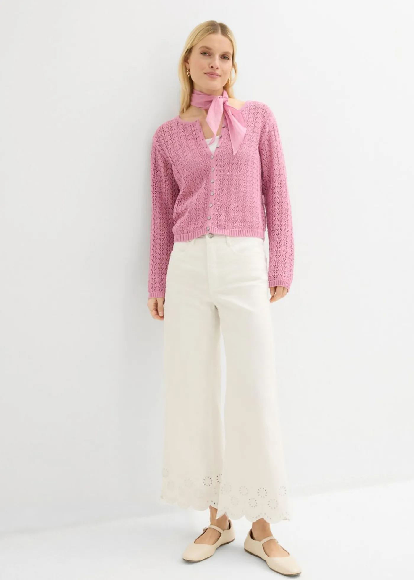 bonprix bonprix Chaqueta de punto ajour de algodón puro Malva