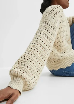 bonprix bonprix Chaqueta de punto ajour de algodón puro gris guijarro