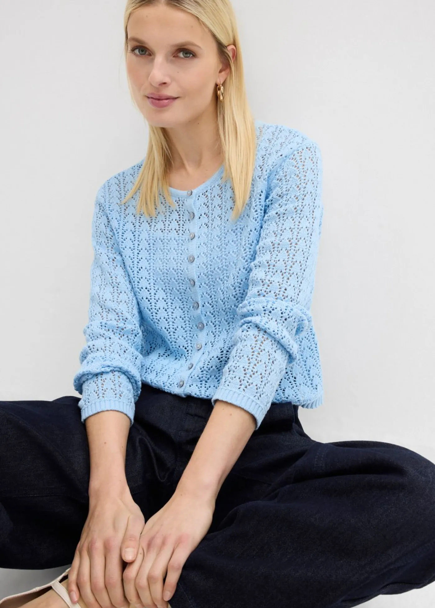 bonprix bonprix Chaqueta de punto ajour de algodón puro Azul claro Hot