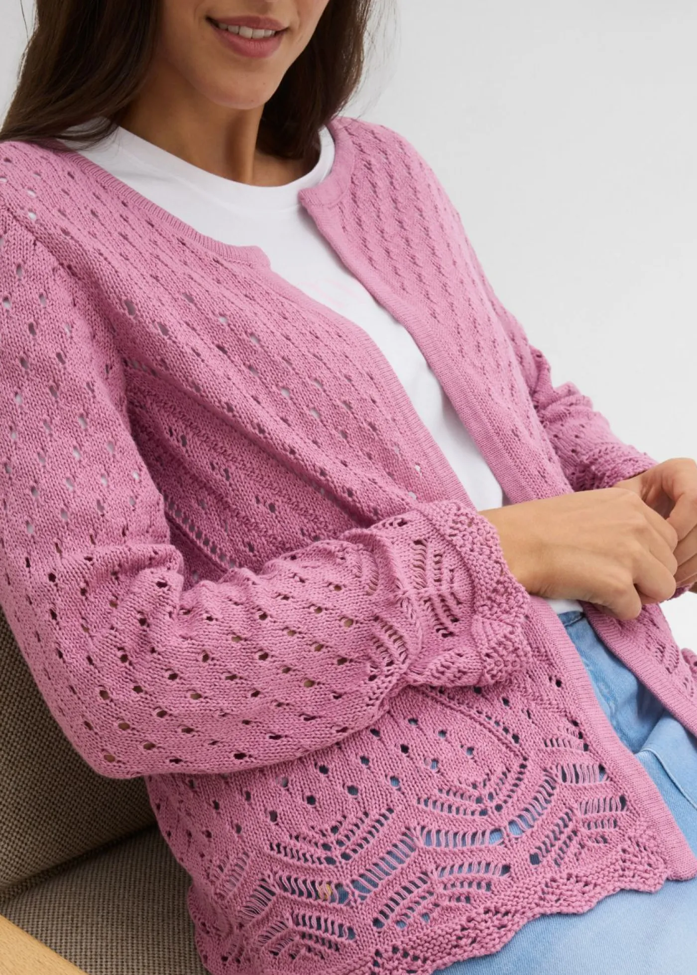 bonprix bonprix Chaqueta de punto ajour de algodón puro Malva