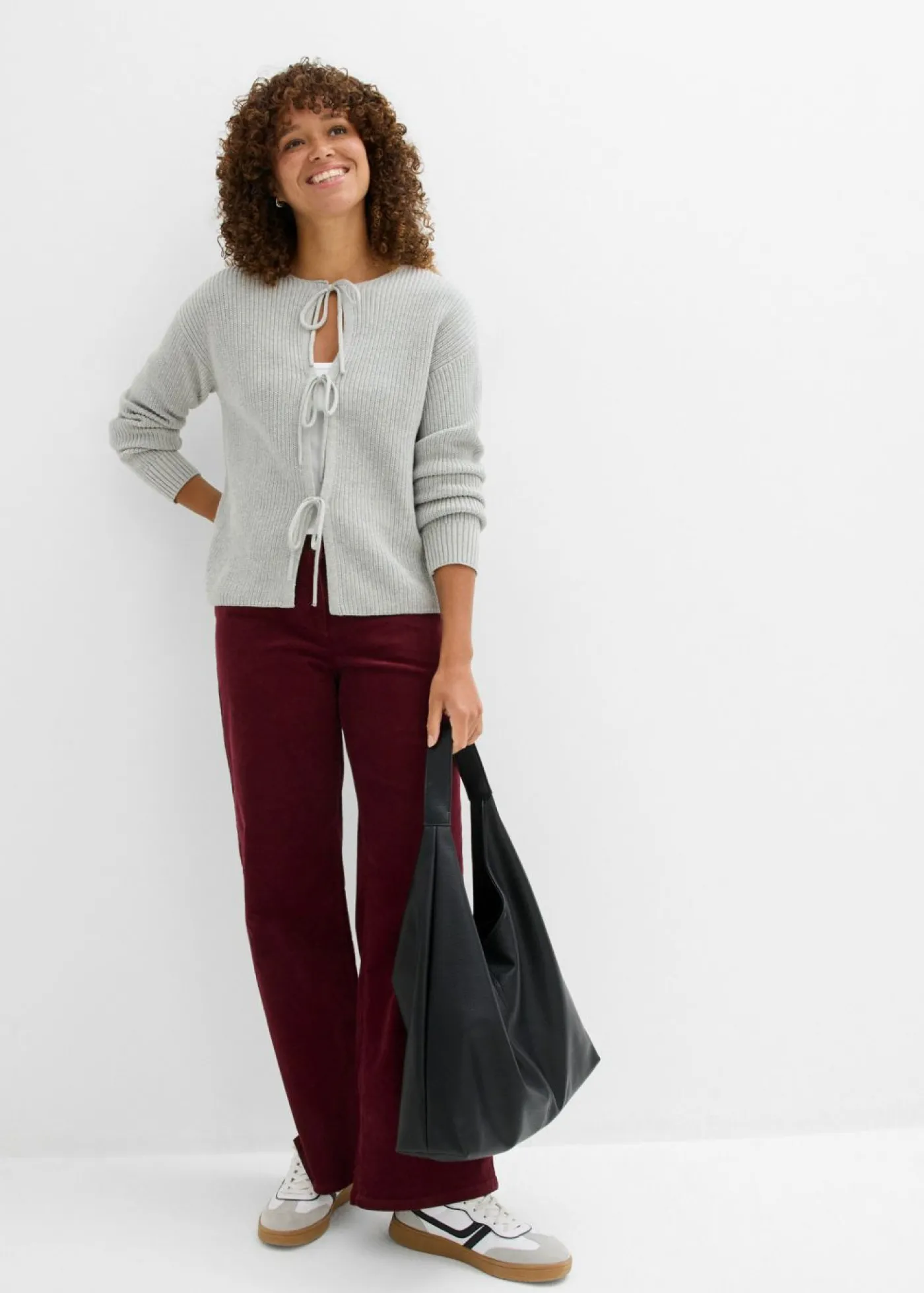 bonprix bonprix Chaqueta de punto con detalle de lazo Gris claro jaspeado Discount