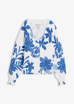bonprix bonprix Chaqueta de punto con estampado de flores blanco lana-azul provenzal-azul ártico Outlet