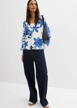 bonprix bonprix Chaqueta de punto con estampado de flores blanco lana-azul provenzal-azul ártico Outlet