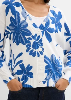 bonprix bonprix Chaqueta de punto con estampado de flores blanco lana-azul provenzal-azul ártico Outlet