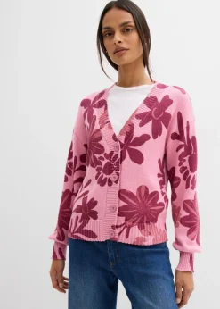 bonprix bonprix Chaqueta de punto con estampado de flores orquídea ahumado-rojo rubí Sale