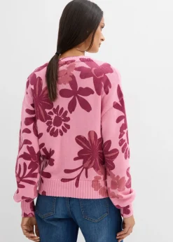 bonprix bonprix Chaqueta de punto con estampado de flores orquídea ahumado-rojo rubí Sale
