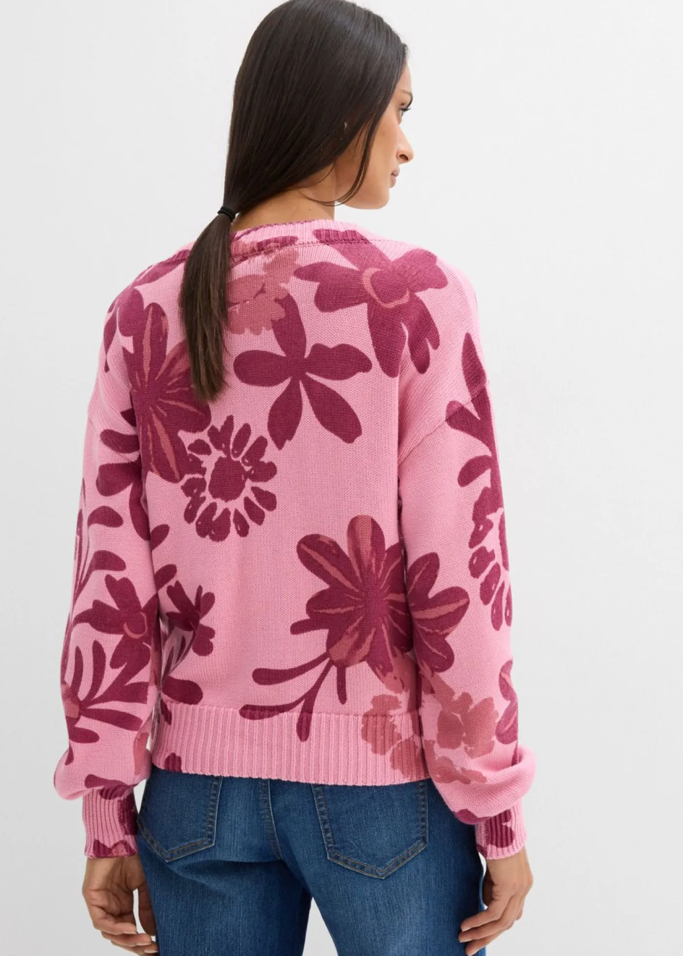 bonprix bonprix Chaqueta de punto con estampado de flores orquídea ahumado-rojo rubí Sale