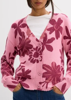 bonprix bonprix Chaqueta de punto con estampado de flores orquídea ahumado-rojo rubí Sale