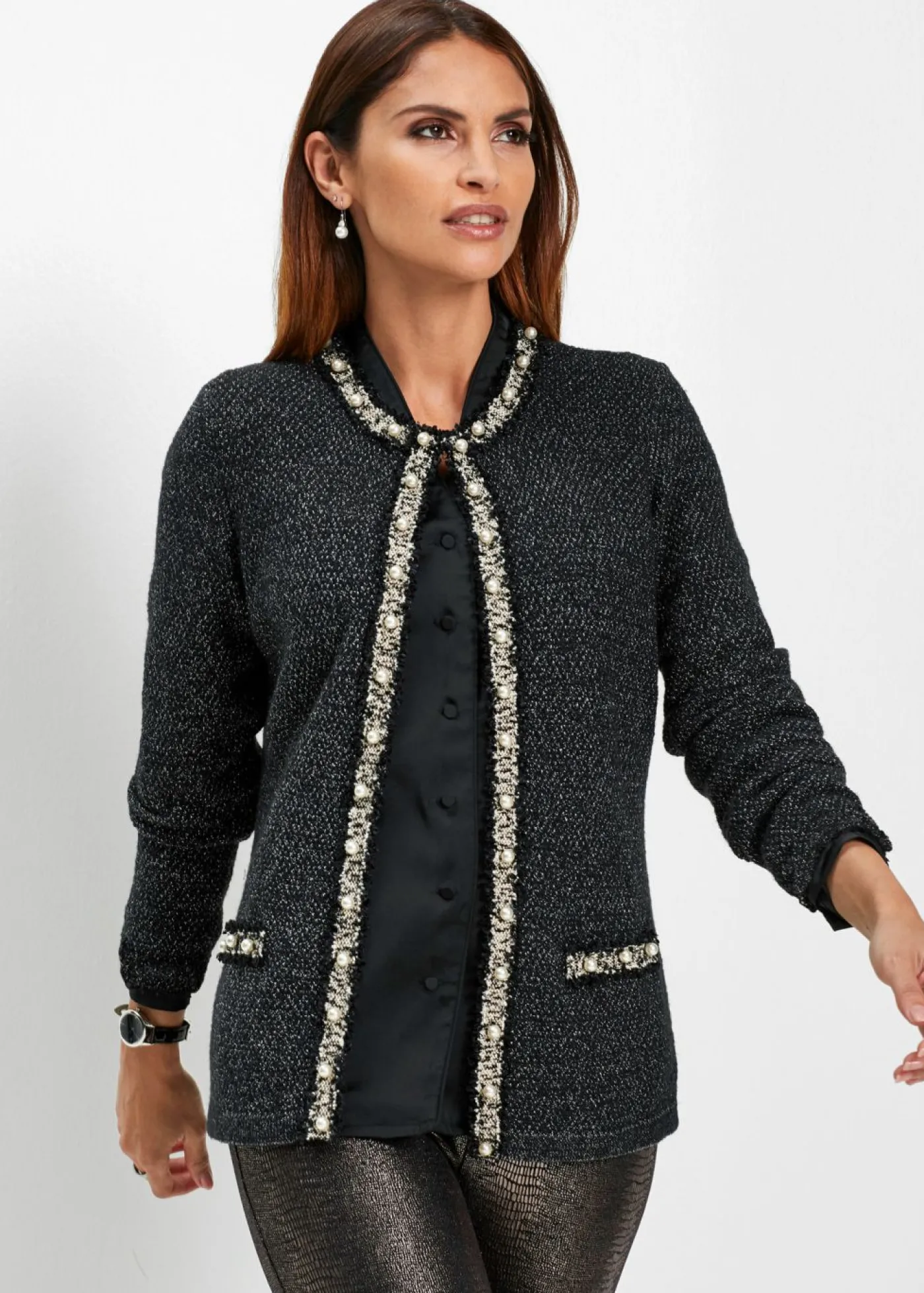 bonprix bonprix Chaqueta de punto con perlas Negro New