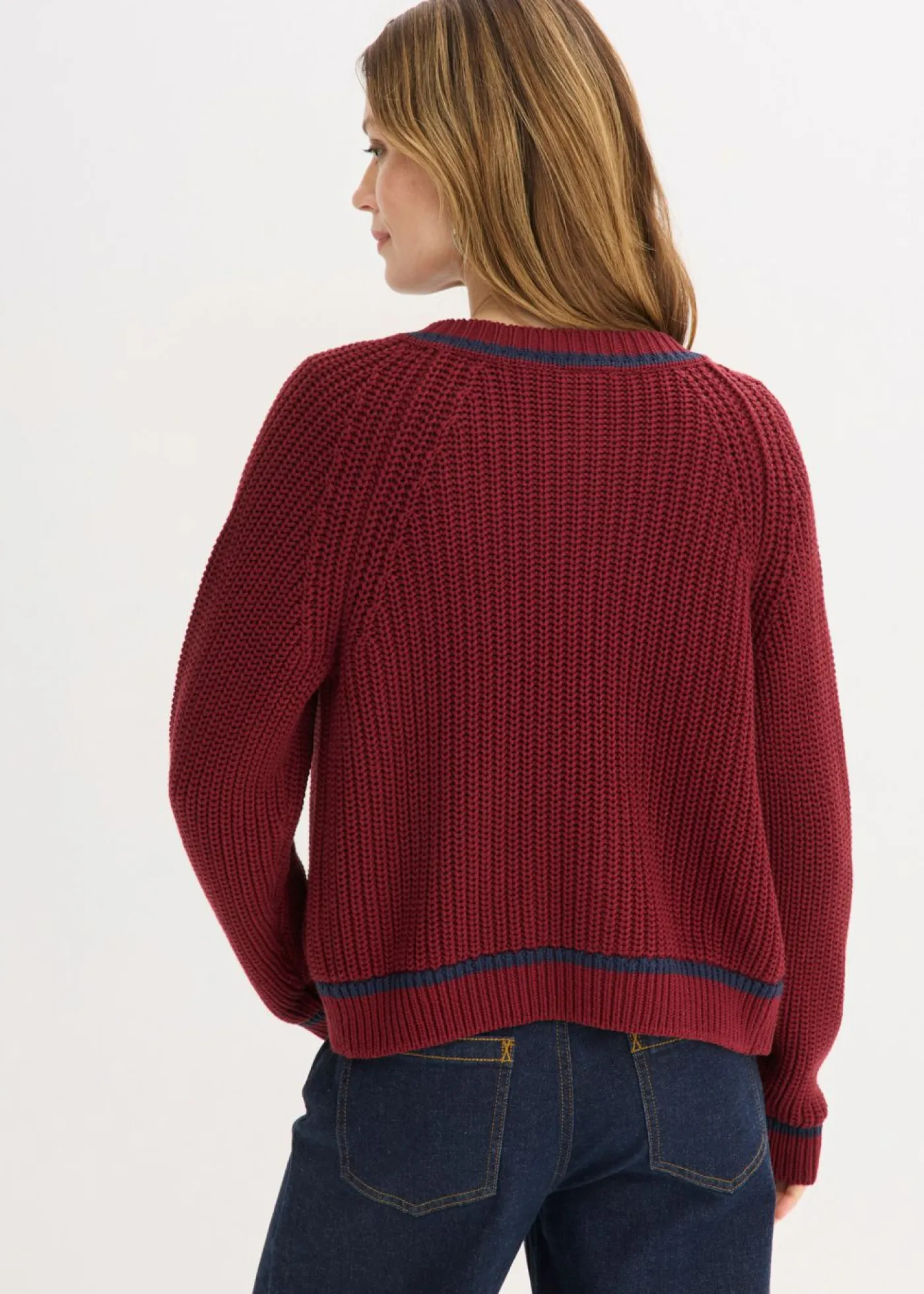 bonprix bonprix Chaqueta de punto con rayas en contraste rojo rubí-azul marino Hot