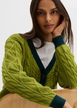 bonprix bonprix Chaqueta de punto de algodón puro musgo-verde intenso Clearance