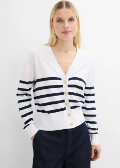 bonprix bonprix Chaqueta de punto de mezcla de viscosa suave Blanco-azul marino con rayas Sale
