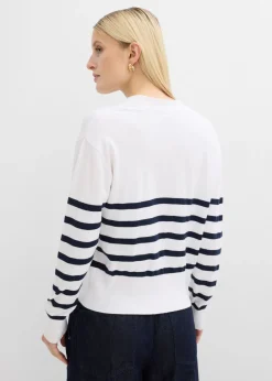 bonprix bonprix Chaqueta de punto de mezcla de viscosa suave Blanco-azul marino con rayas Sale