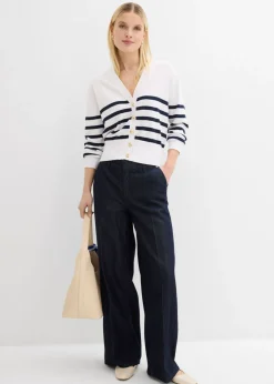 bonprix bonprix Chaqueta de punto de mezcla de viscosa suave Blanco-azul marino con rayas Sale