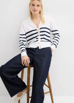bonprix bonprix Chaqueta de punto de mezcla de viscosa suave Blanco-azul marino con rayas Sale