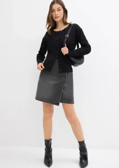 bonprix bonprix Chaqueta de punto fino con cuello redondo Negro Sale