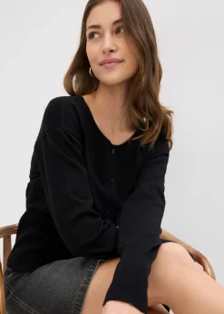 bonprix bonprix Chaqueta de punto fino con cuello redondo Negro Sale