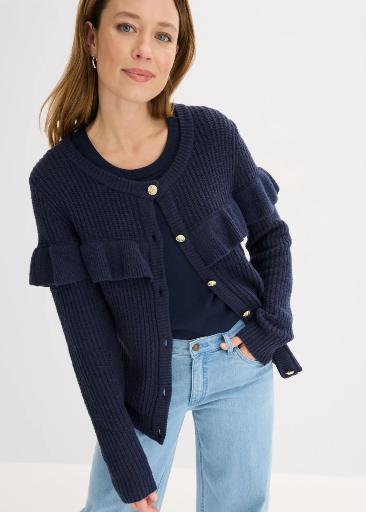 bonprix bonprix Chaqueta de punto fino de mezcla de algodón Azul marino