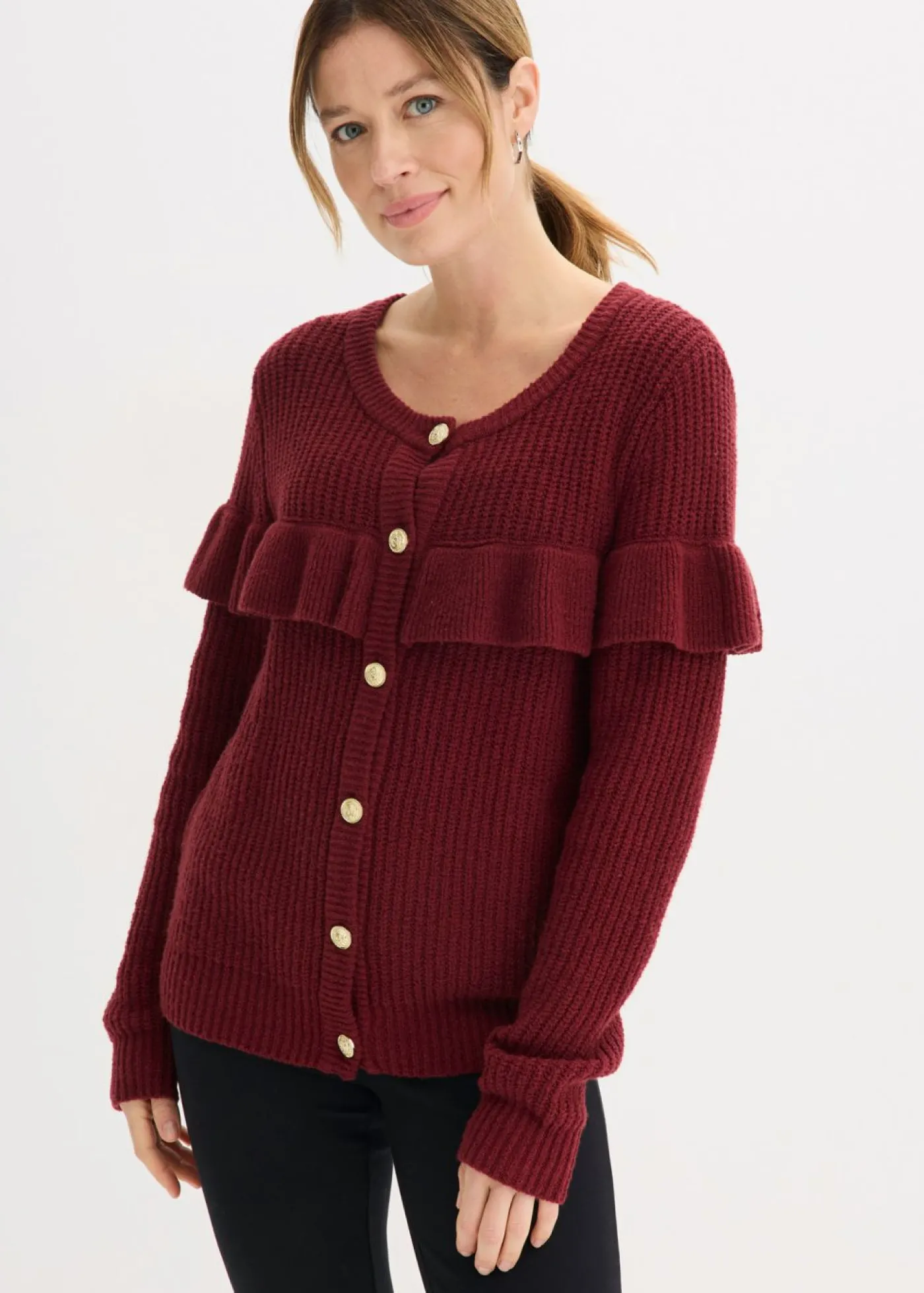bonprix bonprix Chaqueta de punto fino de mezcla de algodón Rojo rubí Online