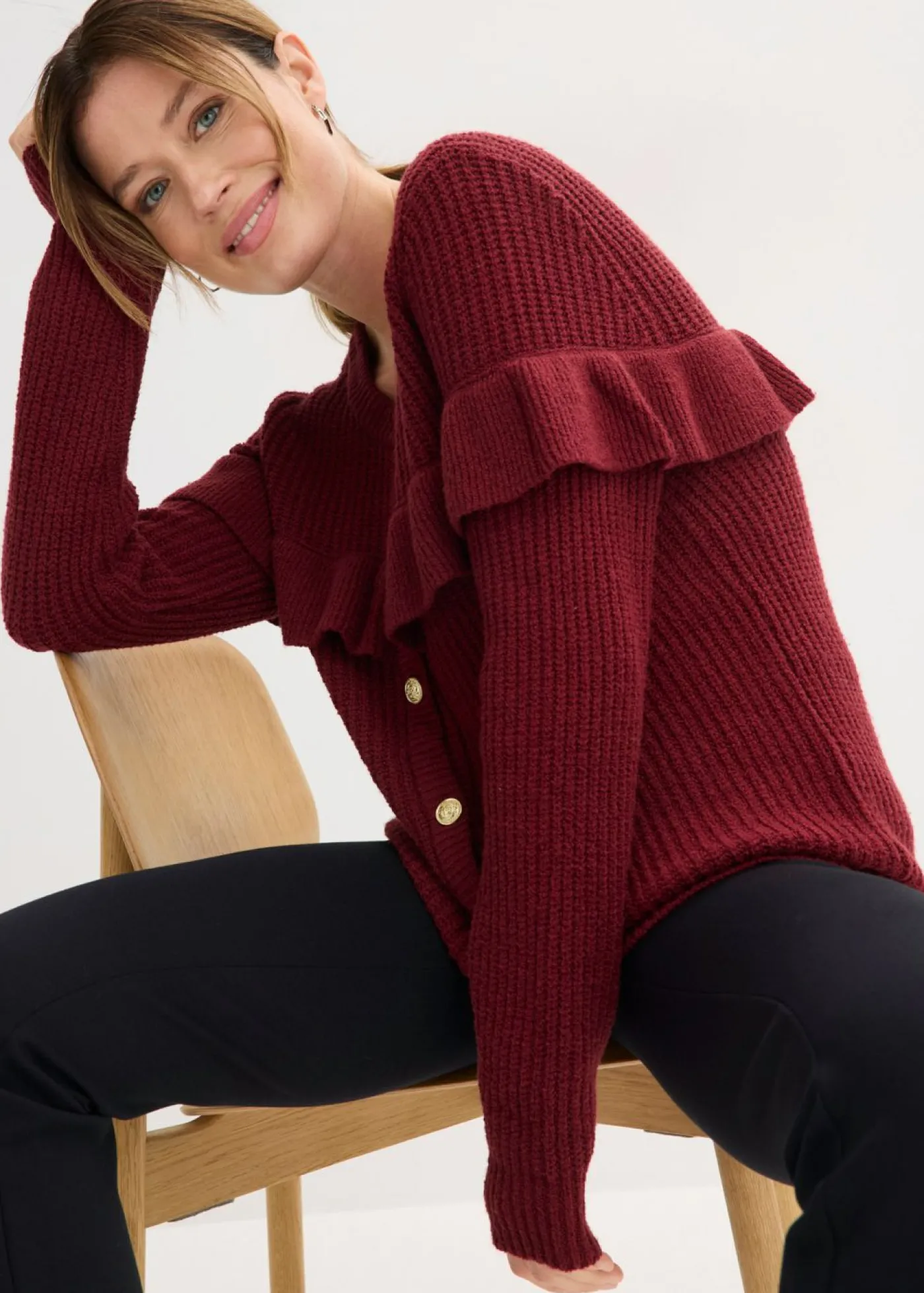 bonprix bonprix Chaqueta de punto fino de mezcla de algodón Rojo rubí Online