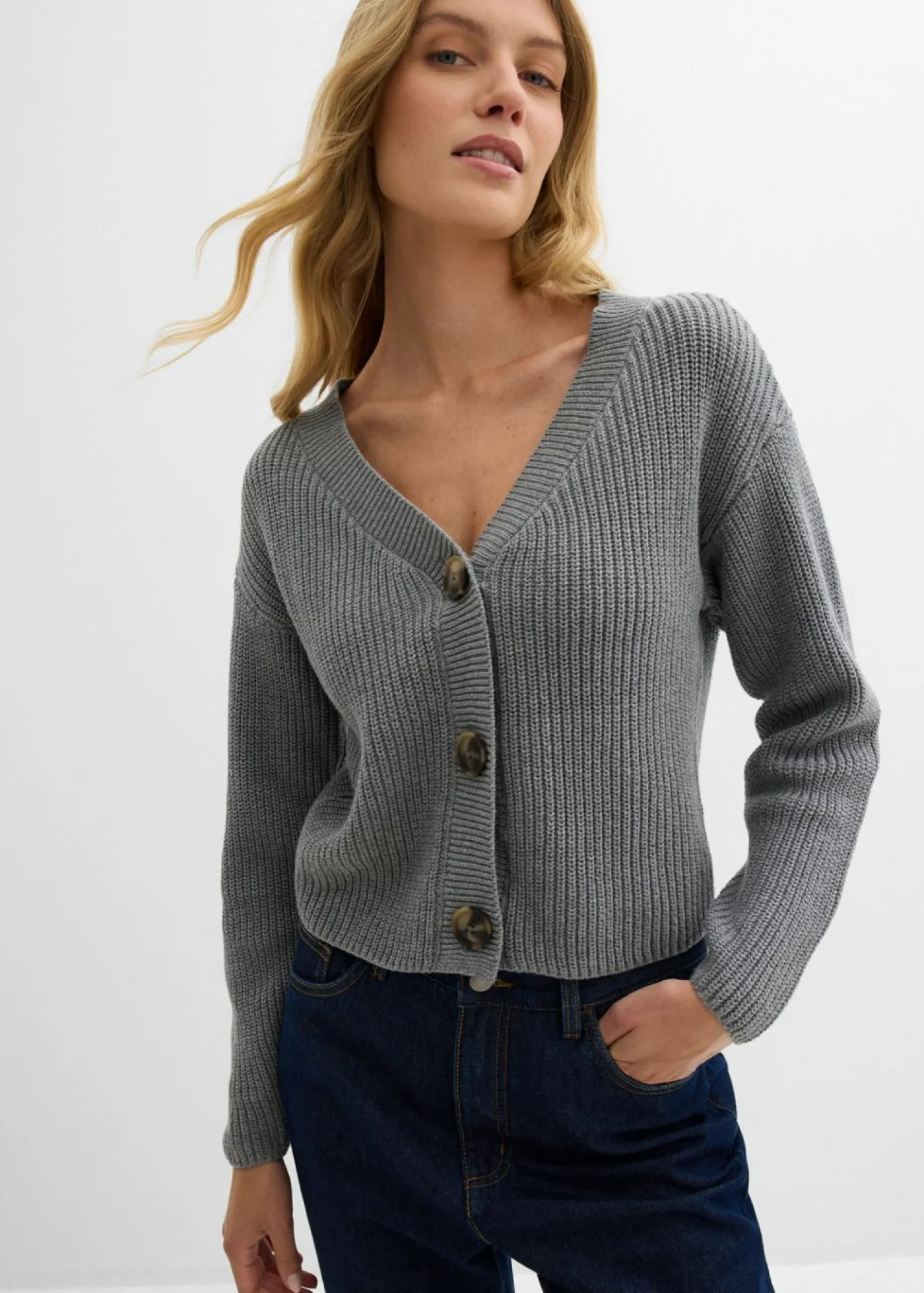 bonprix bonprix Chaqueta de punto grueso de algodón puro Gris jaspeado New