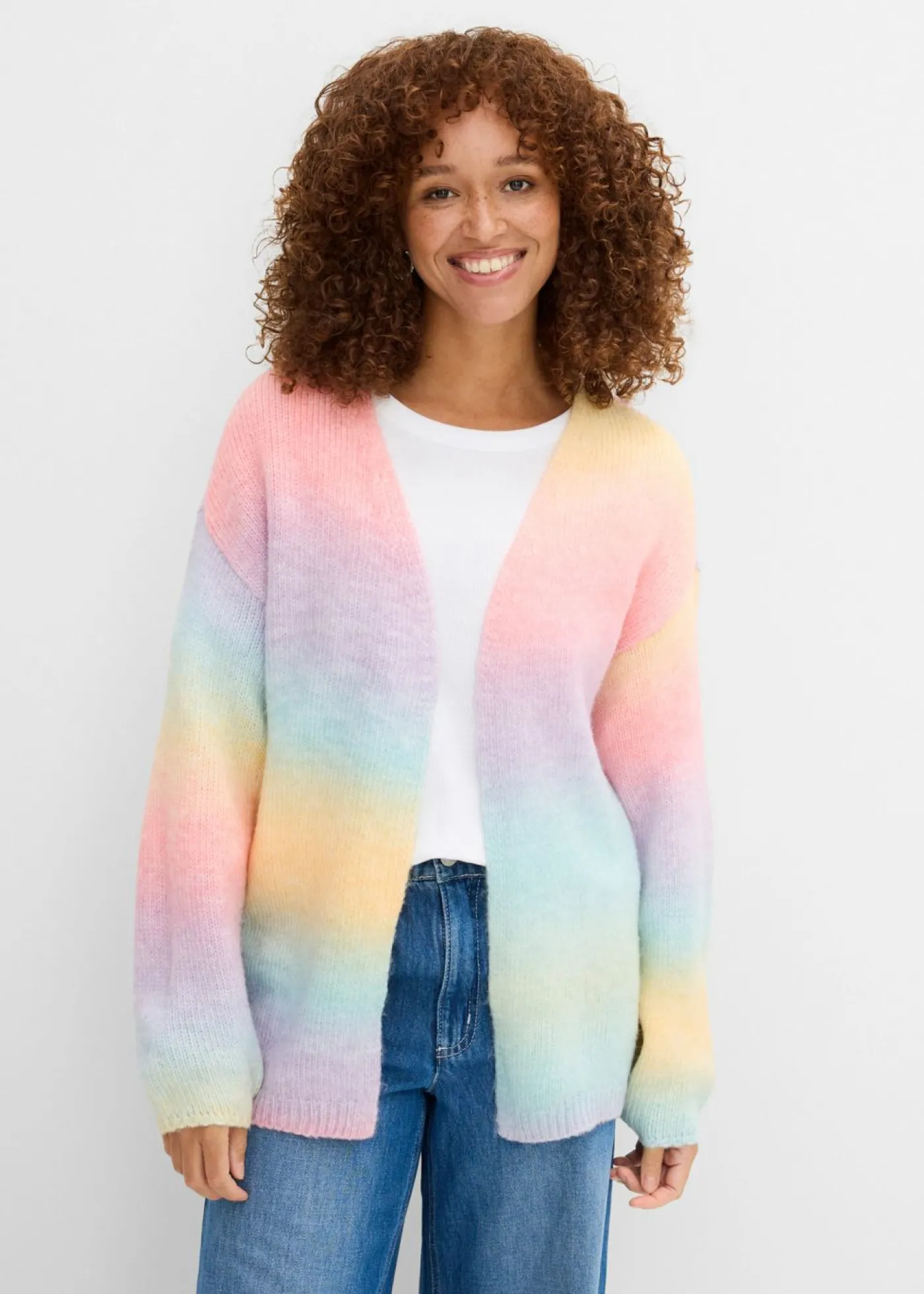 bonprix bonprix Chaqueta de punto grueso en suave mezcla de lana azul pálido/rosa pálido/amarillo/púrpura Sale