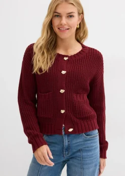bonprix bonprix Chaqueta de punto grueso con botones con efecto martillado Rojo rubí New
