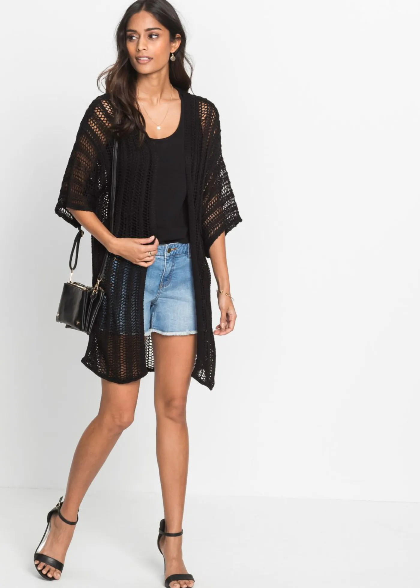 bonprix bonprix Chaqueta de punto larga con calados Negro Hot