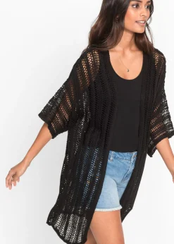 bonprix bonprix Chaqueta de punto larga con calados Negro Hot