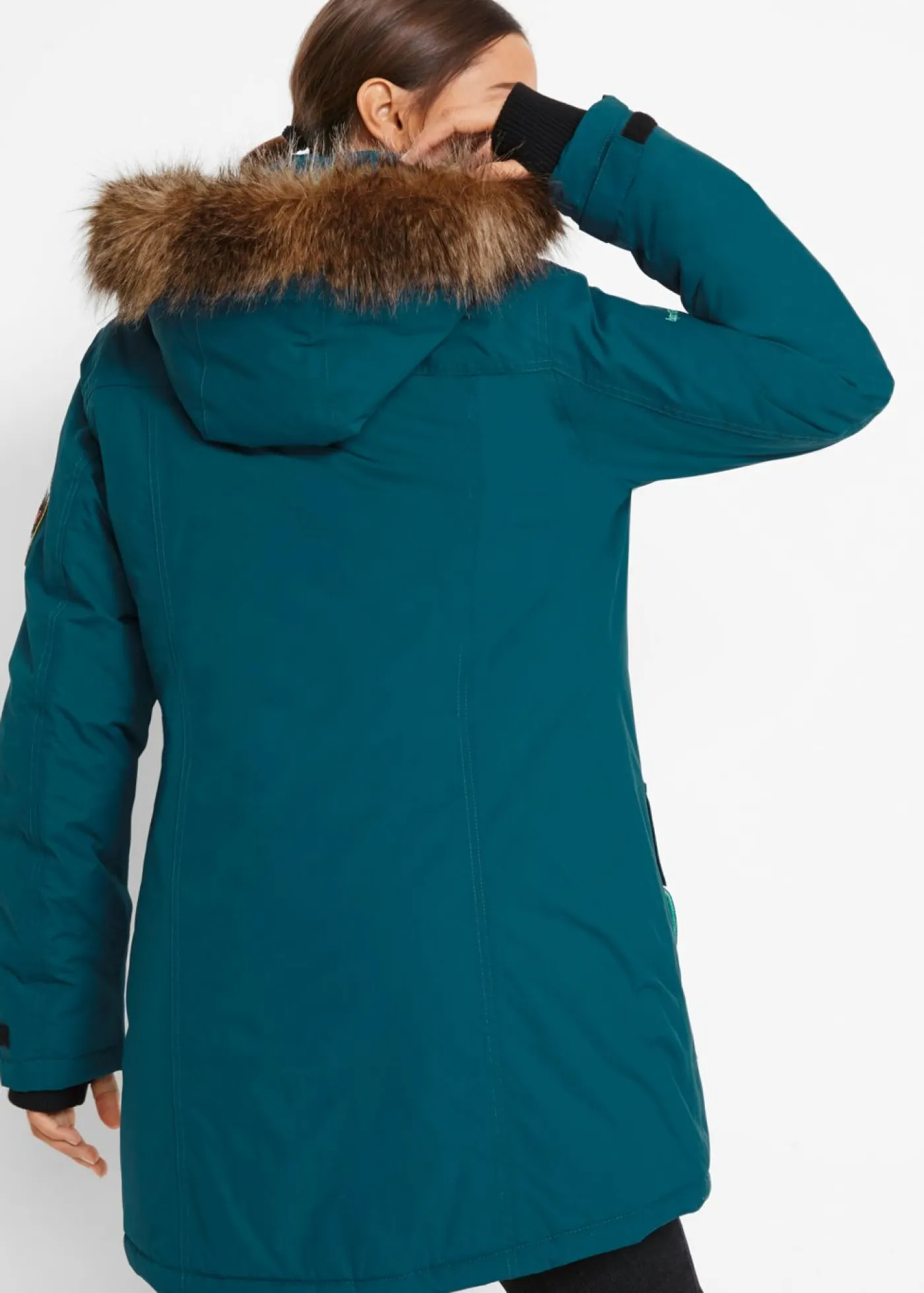 bonprix bonprix Chaqueta funcional de trekking con capucha, diseño largo y tejido impermeable Verde azulado Online