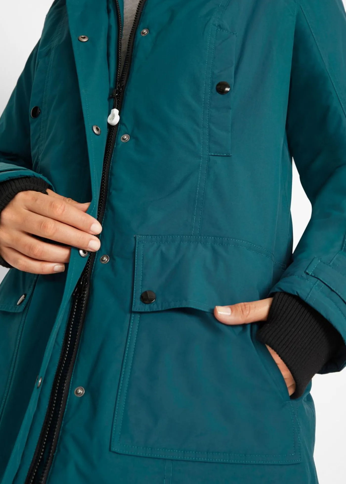 bonprix bonprix Chaqueta funcional de trekking con capucha, diseño largo y tejido impermeable Verde azulado Online