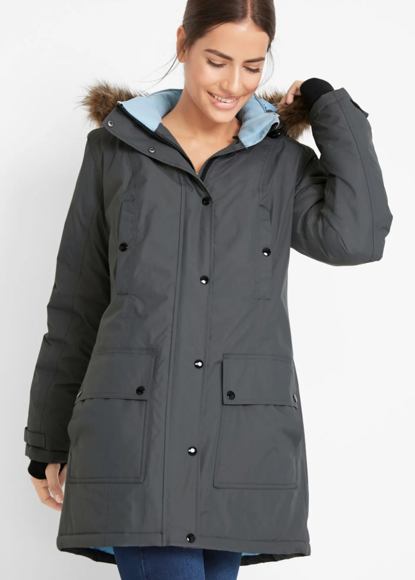 bonprix bonprix Chaqueta funcional de trekking con capucha, diseño largo y tejido impermeable pizarra