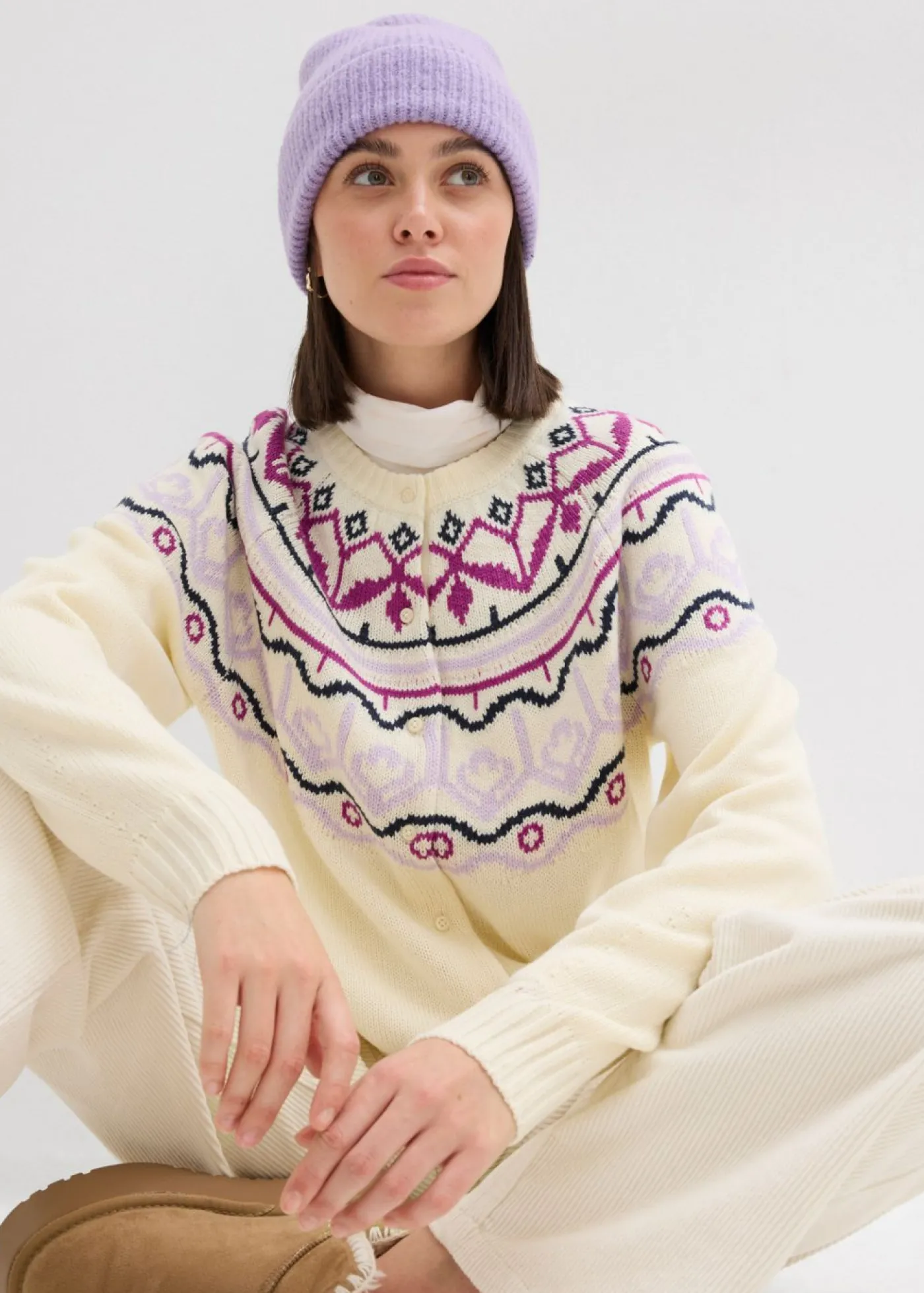 bonprix bonprix Chaqueta holgada de punto con patrón nórdico blanco perla Online