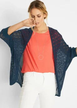 bonprix bonprix Chaqueta larga de punto con patrón calado Azul marino New